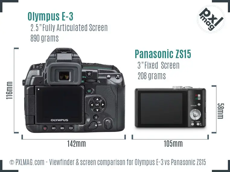 Olympus E-3 vs Panasonic ZS15 Screen and Viewfinder comparison