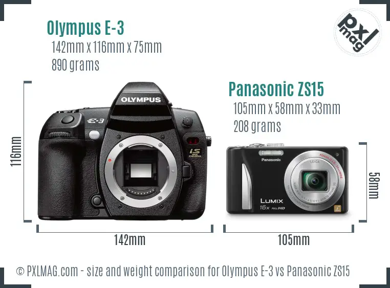 Olympus E-3 vs Panasonic ZS15 size comparison