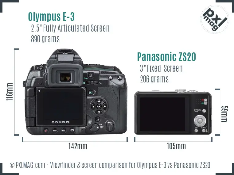 Olympus E-3 vs Panasonic ZS20 Screen and Viewfinder comparison