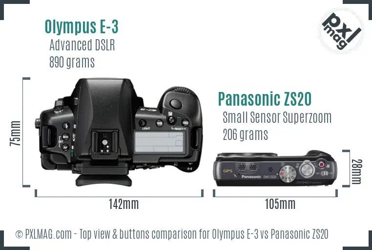 Olympus E-3 vs Panasonic ZS20 top view buttons comparison