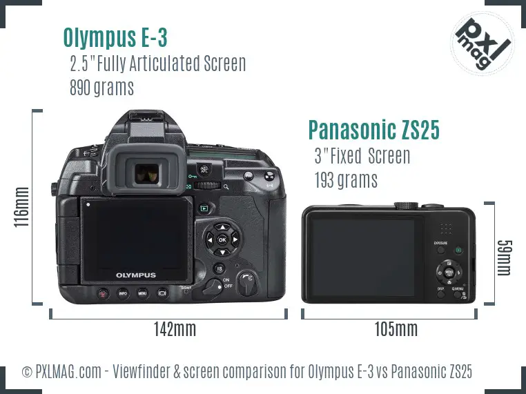 Olympus E-3 vs Panasonic ZS25 Screen and Viewfinder comparison