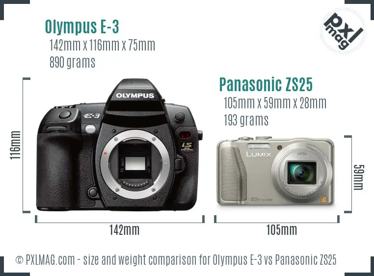 Olympus E-3 vs Panasonic ZS25 size comparison