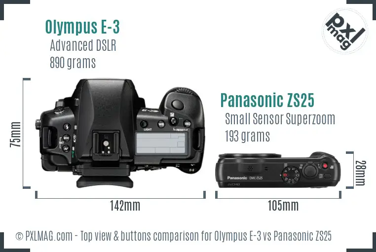 Olympus E-3 vs Panasonic ZS25 top view buttons comparison