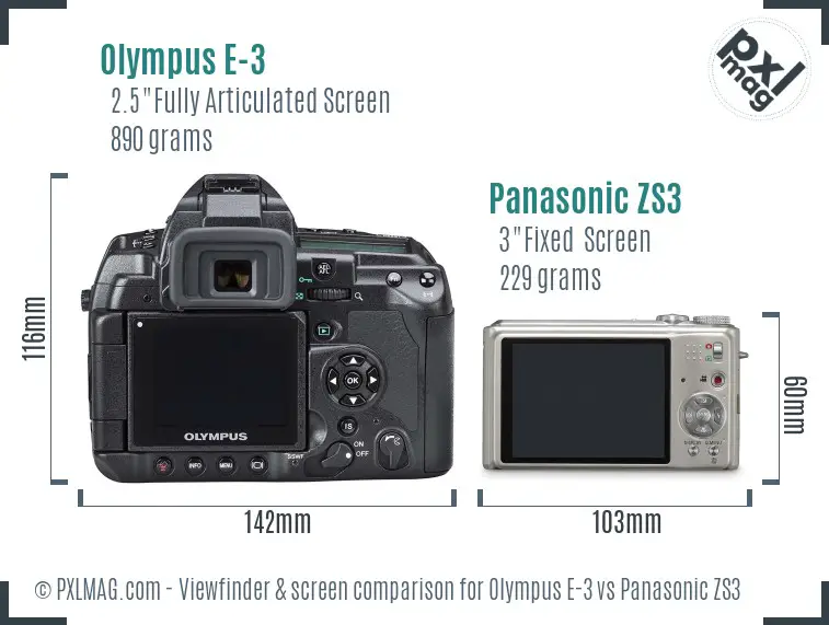 Olympus E-3 vs Panasonic ZS3 Screen and Viewfinder comparison