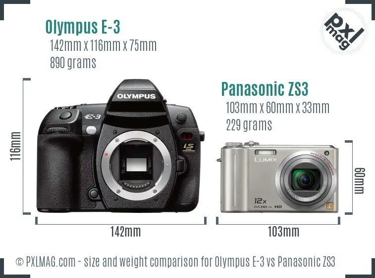 Olympus E-3 vs Panasonic ZS3 size comparison