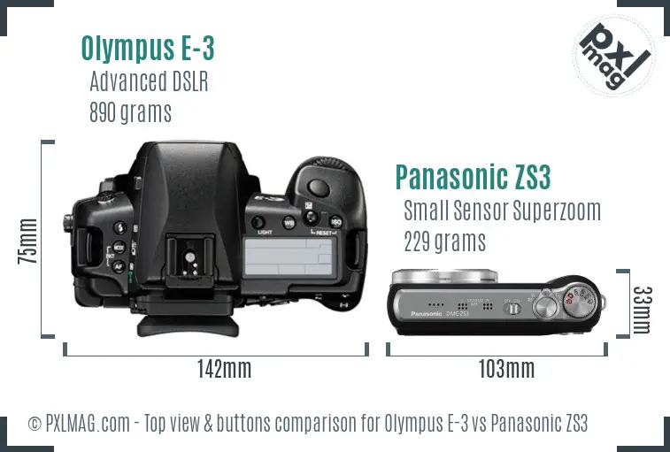 Olympus E-3 vs Panasonic ZS3 top view buttons comparison