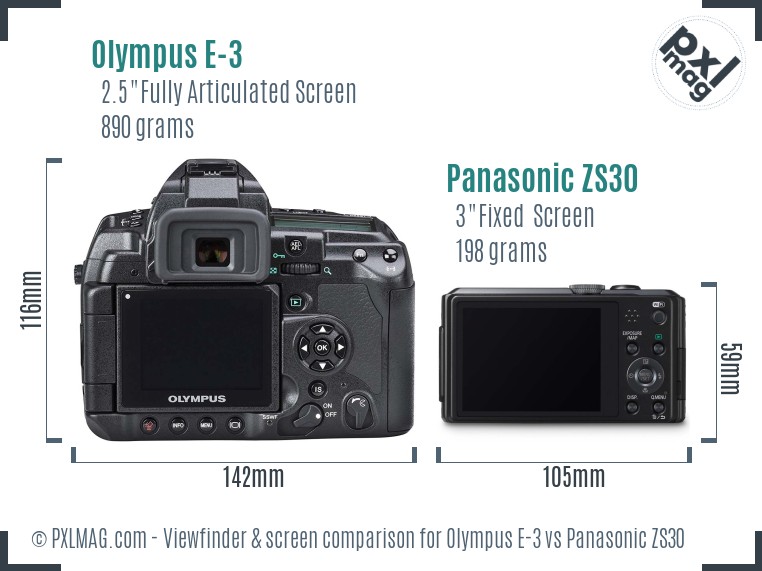 Olympus E-3 vs Panasonic ZS30 Screen and Viewfinder comparison