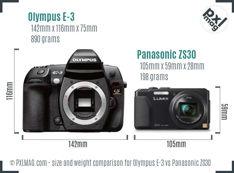 Olympus E-3 vs Panasonic ZS30 size comparison