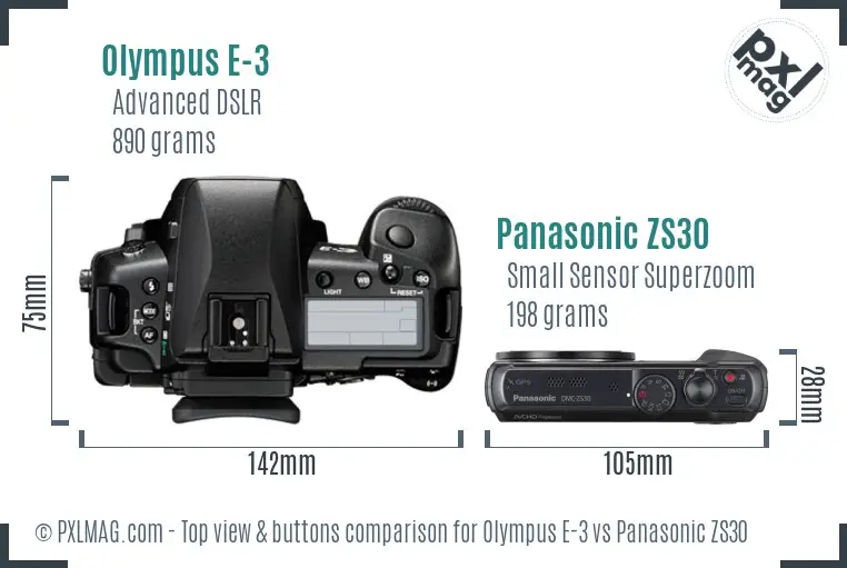 Olympus E-3 vs Panasonic ZS30 top view buttons comparison