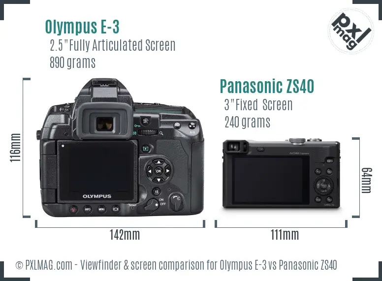 Olympus E-3 vs Panasonic ZS40 Screen and Viewfinder comparison