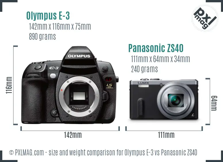 Olympus E-3 vs Panasonic ZS40 size comparison