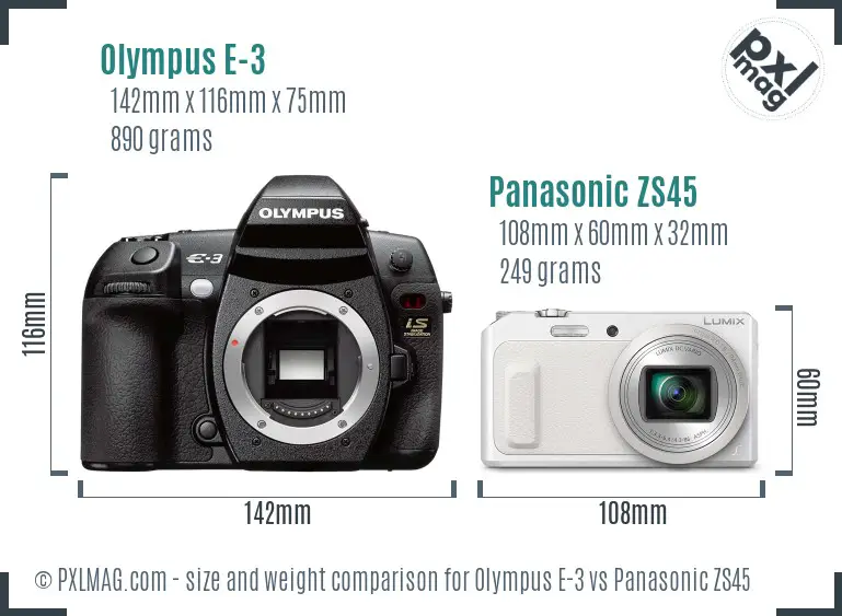 Olympus E-3 vs Panasonic ZS45 size comparison