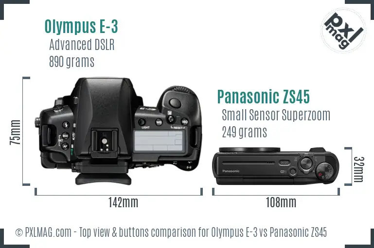 Olympus E-3 vs Panasonic ZS45 top view buttons comparison