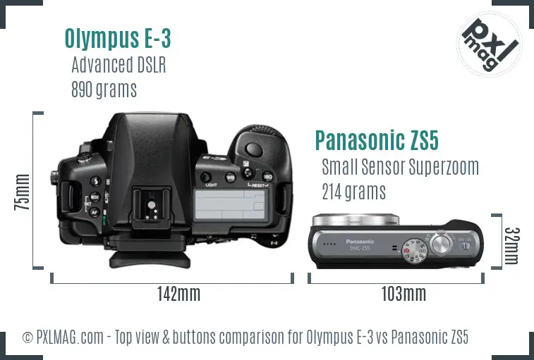 Olympus E-3 vs Panasonic ZS5 top view buttons comparison