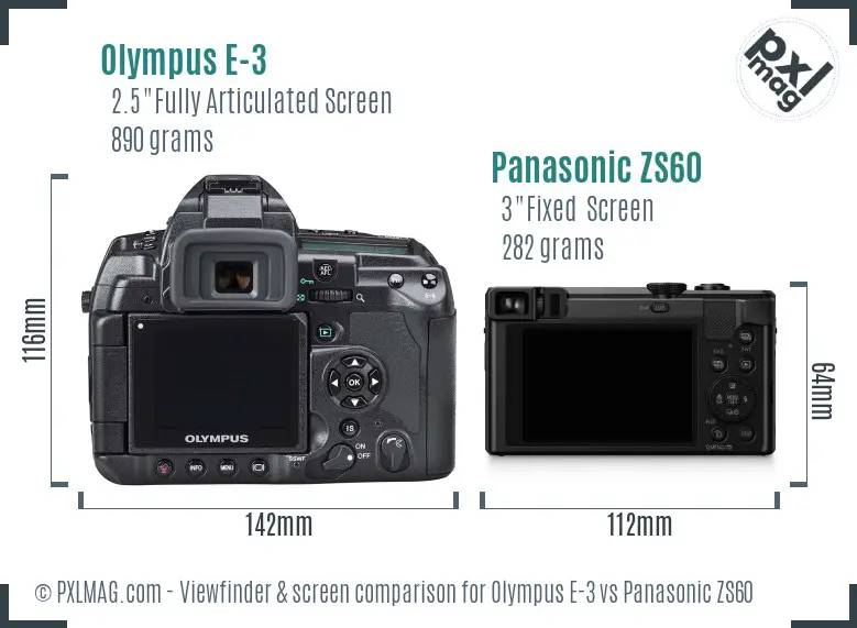 Olympus E-3 vs Panasonic ZS60 Screen and Viewfinder comparison