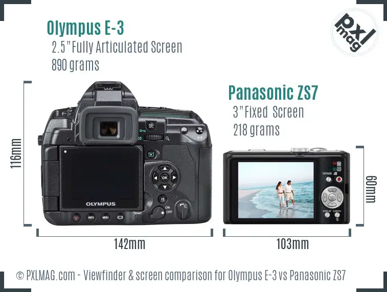 Olympus E-3 vs Panasonic ZS7 Screen and Viewfinder comparison