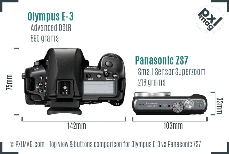 Olympus E-3 vs Panasonic ZS7 top view buttons comparison