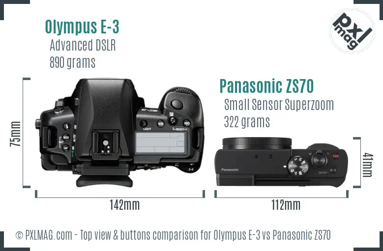 Olympus E-3 vs Panasonic ZS70 top view buttons comparison