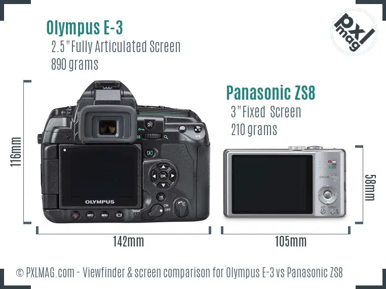 Olympus E-3 vs Panasonic ZS8 Screen and Viewfinder comparison