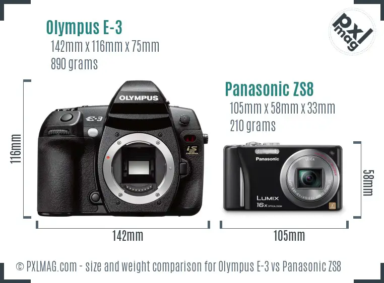 Olympus E-3 vs Panasonic ZS8 size comparison