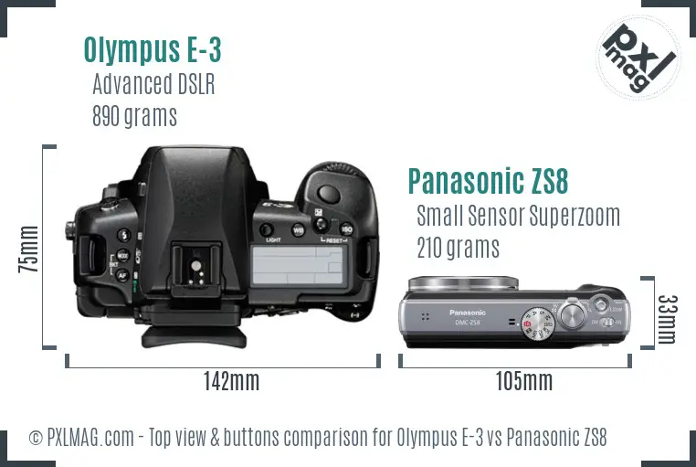 Olympus E-3 vs Panasonic ZS8 top view buttons comparison