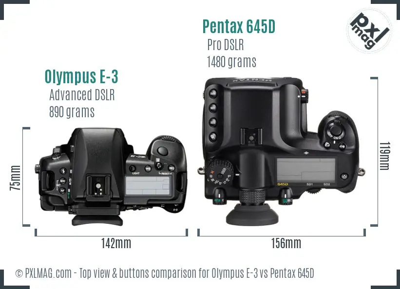 Olympus E-3 vs Pentax 645D top view buttons comparison