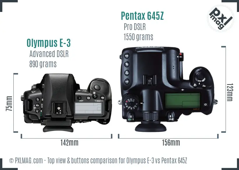 Olympus E-3 vs Pentax 645Z top view buttons comparison