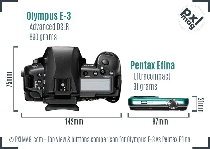 Olympus E-3 vs Pentax Efina top view buttons comparison