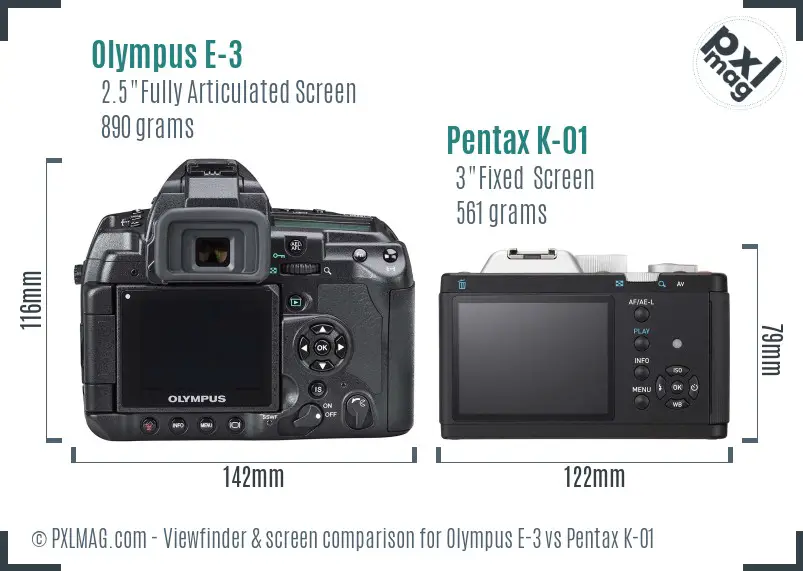 Olympus E-3 vs Pentax K-01 Screen and Viewfinder comparison