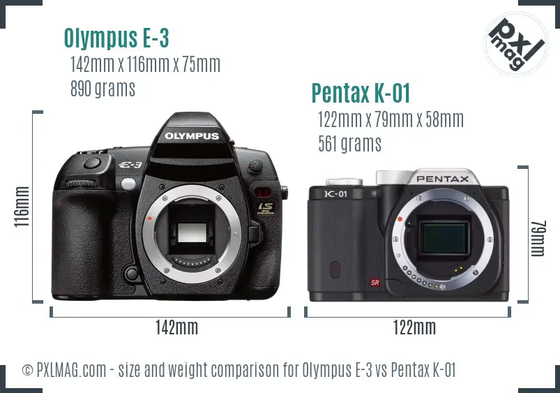 Olympus E-3 vs Pentax K-01 size comparison