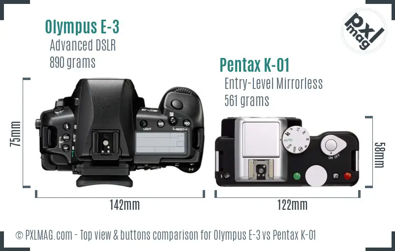 Olympus E-3 vs Pentax K-01 top view buttons comparison