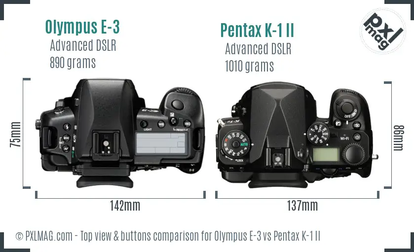 Olympus E-3 vs Pentax K-1 II top view buttons comparison