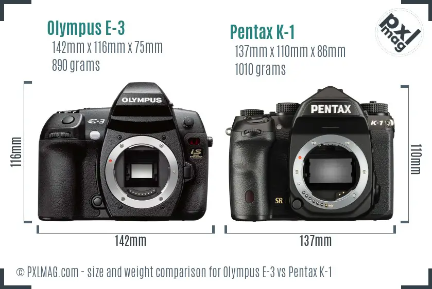Olympus E-3 vs Pentax K-1 size comparison