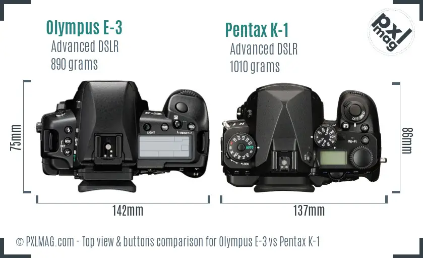 Olympus E-3 vs Pentax K-1 top view buttons comparison