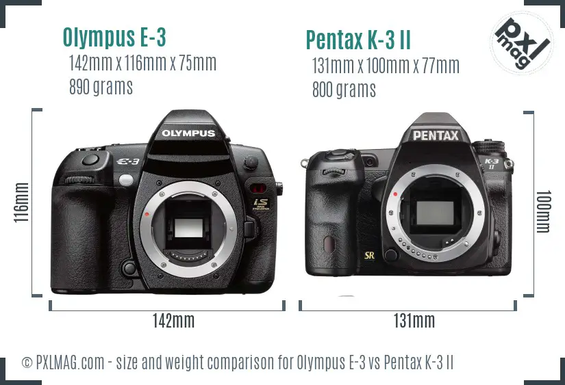 Olympus E-3 vs Pentax K-3 II size comparison