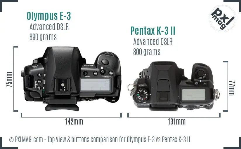Olympus E-3 vs Pentax K-3 II top view buttons comparison