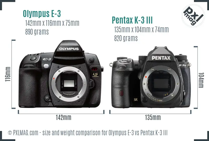 Olympus E-3 vs Pentax K-3 III size comparison