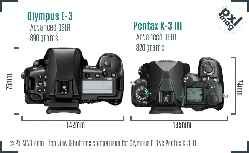 Olympus E-3 vs Pentax K-3 III top view buttons comparison