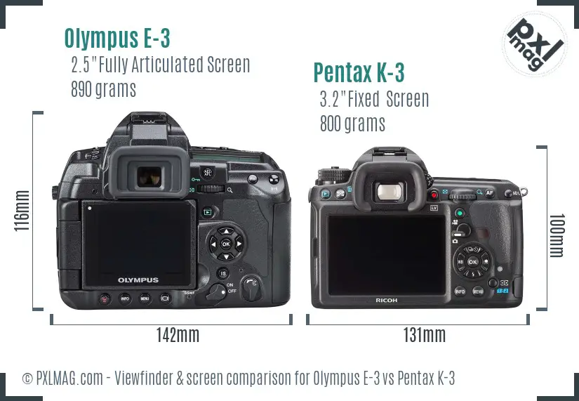 Olympus E-3 vs Pentax K-3 Screen and Viewfinder comparison