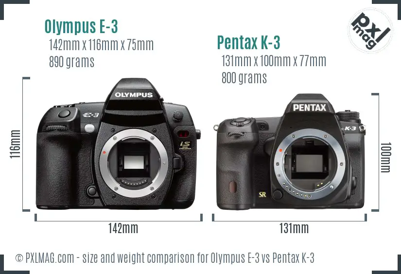 Olympus E-3 vs Pentax K-3 size comparison