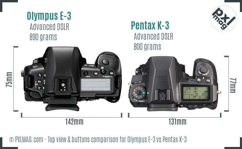 Olympus E-3 vs Pentax K-3 top view buttons comparison