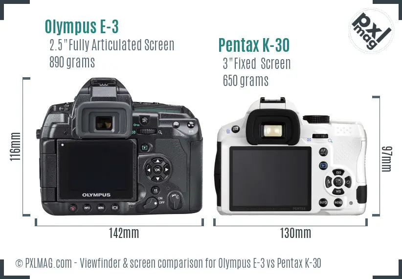 Olympus E-3 vs Pentax K-30 Screen and Viewfinder comparison