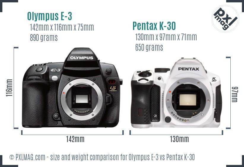 Olympus E-3 vs Pentax K-30 size comparison