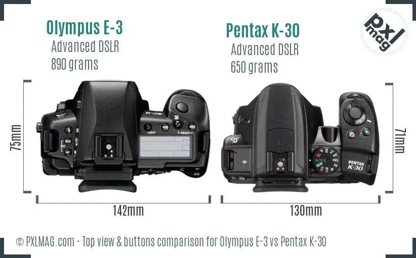 Olympus E-3 vs Pentax K-30 top view buttons comparison