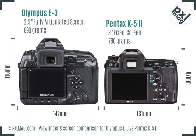 Olympus E-3 vs Pentax K-5 II Screen and Viewfinder comparison