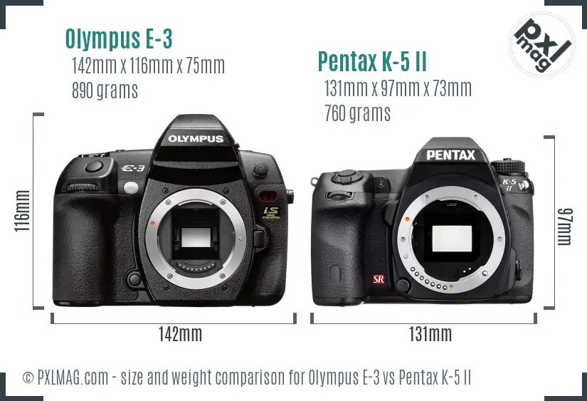 Olympus E-3 vs Pentax K-5 II size comparison