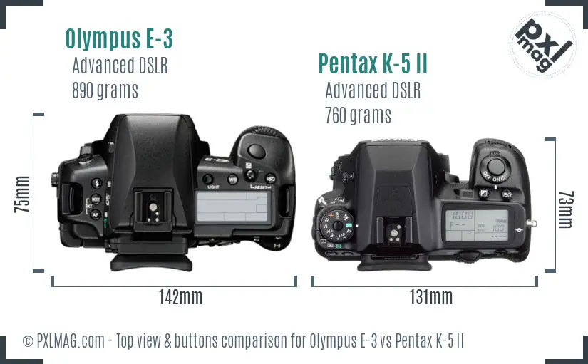 Olympus E-3 vs Pentax K-5 II top view buttons comparison