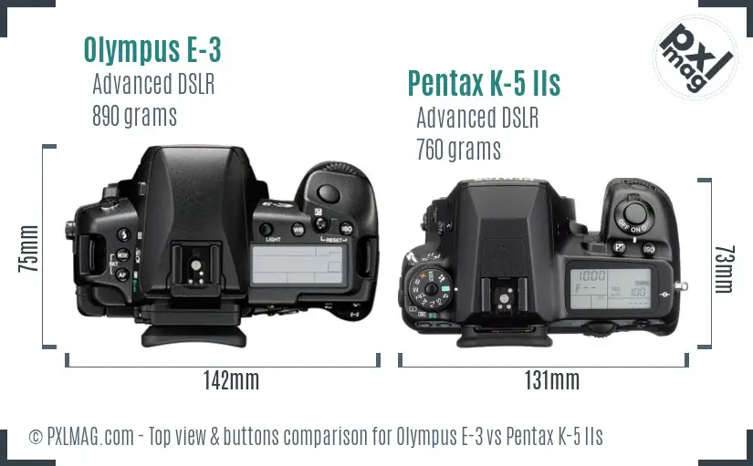 Olympus E-3 vs Pentax K-5 IIs top view buttons comparison