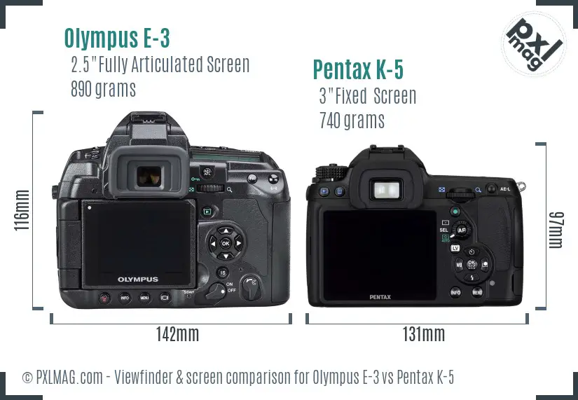 Olympus E-3 vs Pentax K-5 Screen and Viewfinder comparison