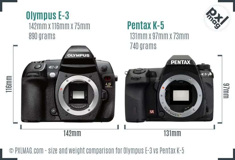 Olympus E-3 vs Pentax K-5 size comparison